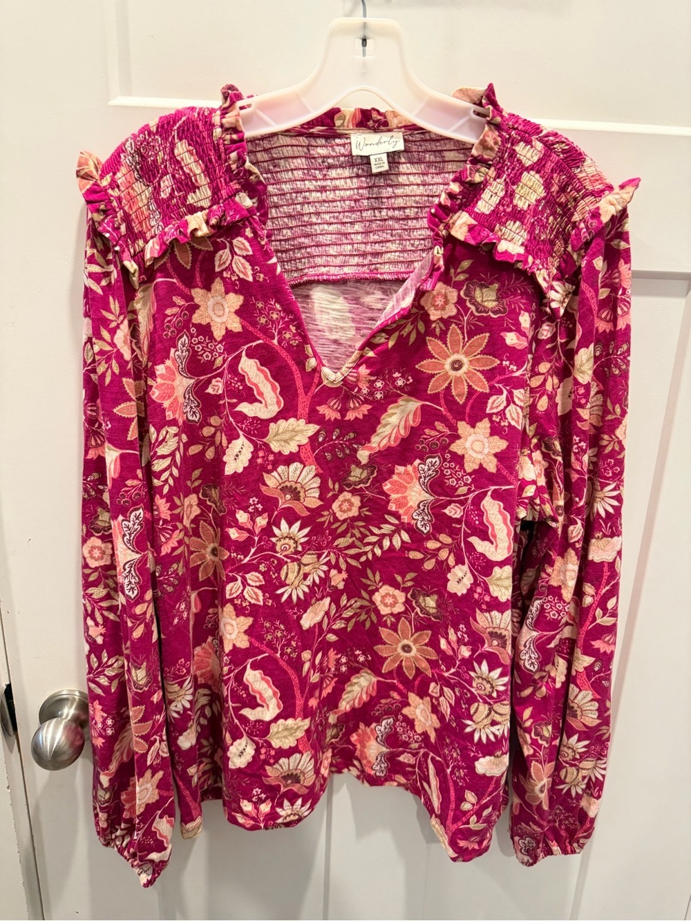 Wonderly XXL Floral Smocked Peasant Blouse Square Neck Long Sleeve Pink Top
